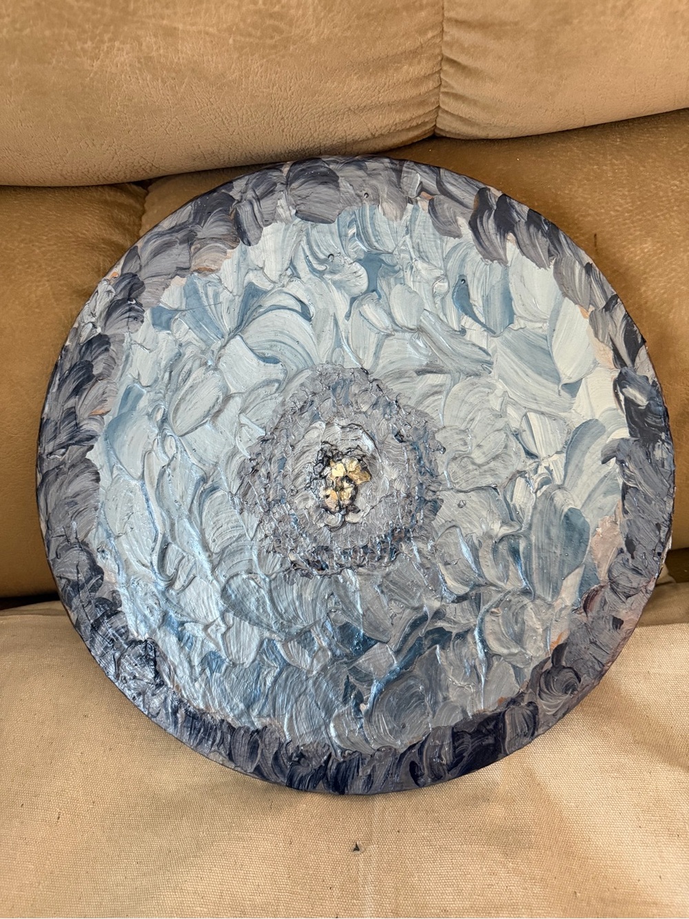 Hand-Painted Round Abstract Wall Art - Blue Gray Tones